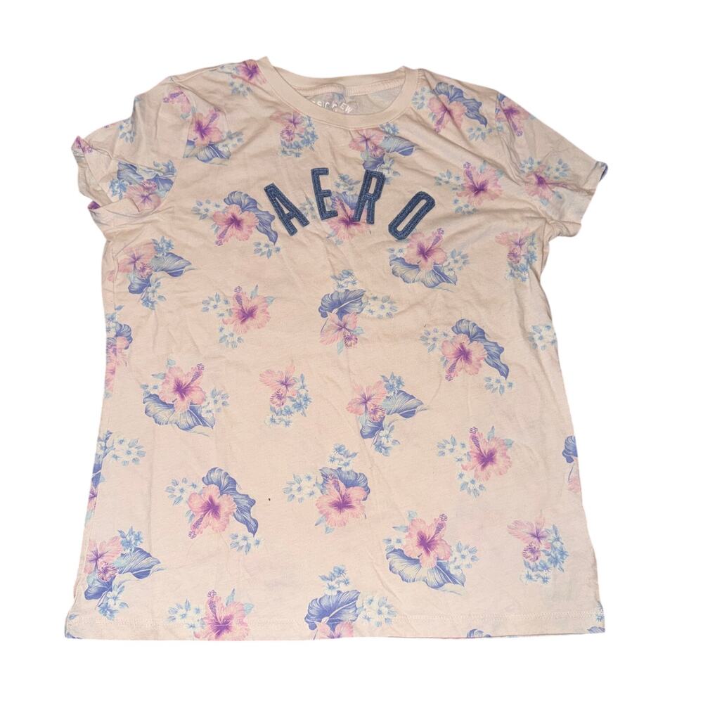 Aeropostale Classic Crew Short Sleeve Shirt Women's Size XL Pink Blue Floral